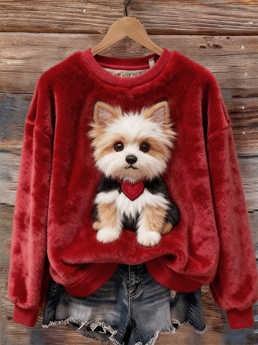 Lovely Fuzzy Dog & Heart Cozy Plush Sweatshirt