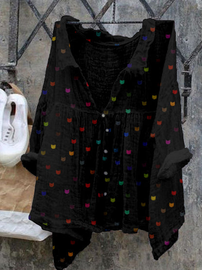 Cute Cat Face Pattern Cozy Flowy Shirt elevenforest