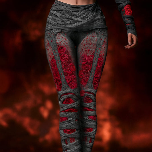Vintage Skeleton Anatomy Bloody Roses Bandages Knit Leggings artswardrobe