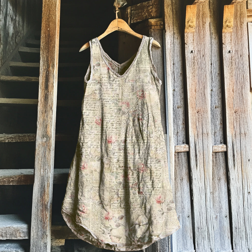 Vintage Floral Art Linen Blend Tank Midi Dress artswardrobe