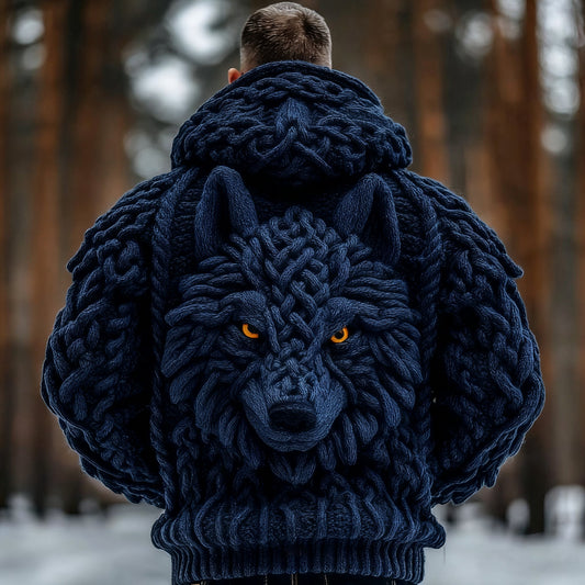 Men's Viking Wolf Totem Chunky Knit Hooded Zipper Cardigan artswardrobe