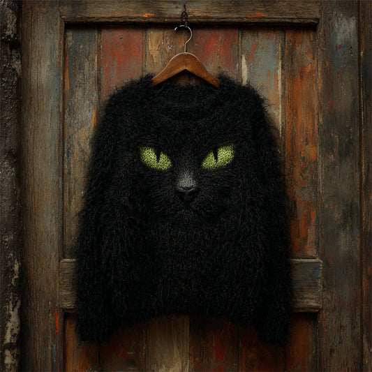 Halloween Fuzzy Black Cat Inspired Cozy Knit Sweater artswardrobe