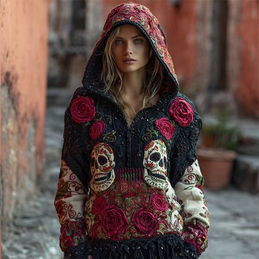 Day Of The Dead Sugar Skulls Roses Cozy Knit Hooded Sweater artswardrobe