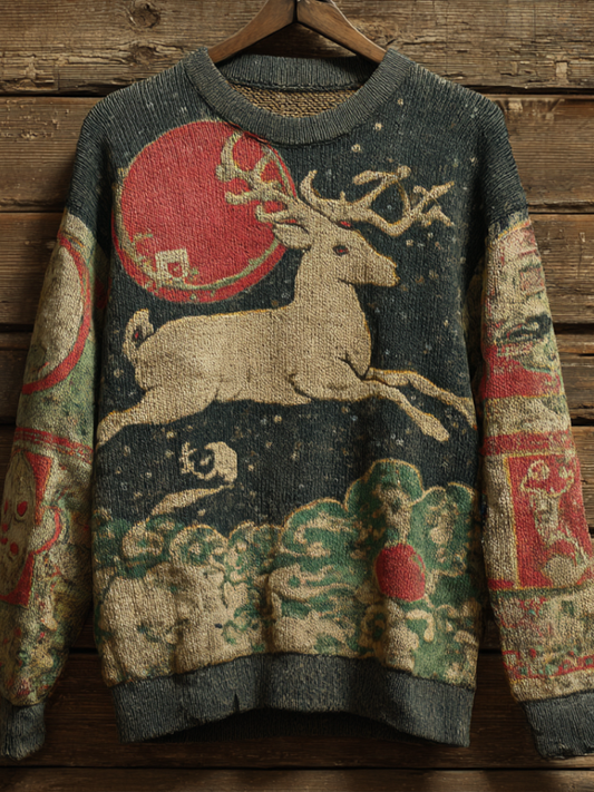 Men's Japanese Art Retro Style Christmas Fun Reindeer Design Round Neck Knit Sweater artswardrobe