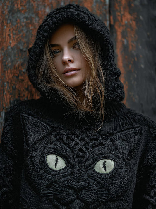 Mystical Celtic Black Cat Cozy Knit Hooded Sweater artswardrobe