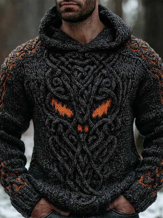 Viking Evil Pumpkin Pattern Men's Chunky Knit Hooded Sweater artswardrobe