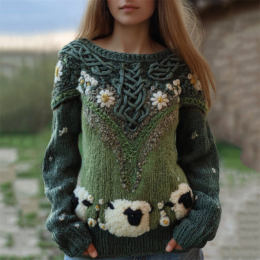 Fuzzy Sheep Floral Vintage Celtic Crochet Cozy Knit Sweater artswardrobe