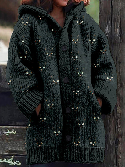 Cute Cat Face Pattern Cozy Hooded Knit Cardigan elevenforest