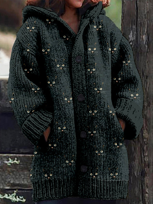 Cute Cat Face Pattern Cozy Hooded Knit Cardigan elevenforest
