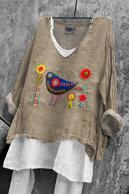 Comstylish Women's Flower And Bird Embroidery Art Linen V-neck Shirt
