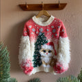 Women's Christmas Tree And Cat Color Blocked Sweater elevenforest