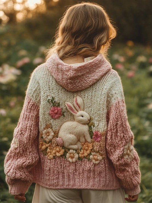 Women's Bunny & Floral Embroidery Cozy Knit Hooded Cardigan artswardrobe