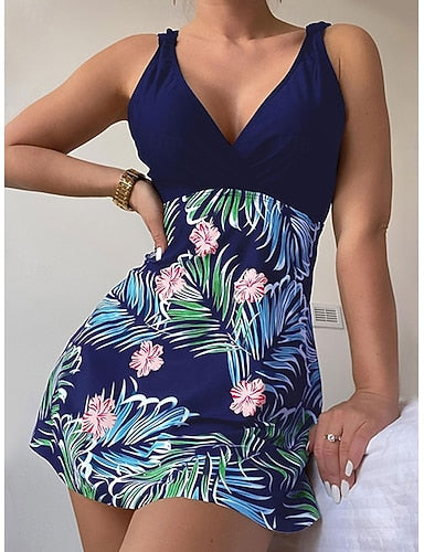 Swimwear Swimdresses Tummy Control Tankini Swimsuit Backless Tummy Control High Waist Slim Vacation Beach Wear Graphic V Neck Sleeveless Bathing Suits