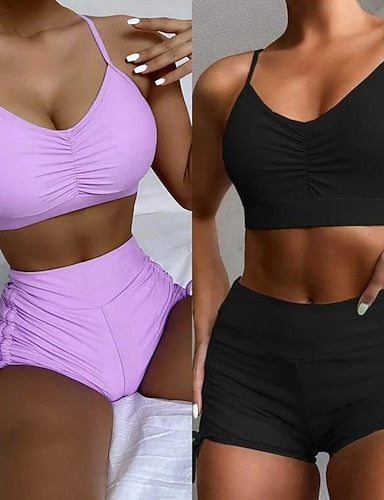 Bikini 2 Piece Swimsuit Ruched Underwire Shorts Slim Backless Vacation Beach Wear Color V Neck Sleeveless Bathing Suits