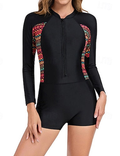 One Piece Swimsuit Swimwear Patchwork Swimwear Black Red Breathable Quick Dry Lightweight Long Sleeve - Swimming Surfing Beach Summer Spring