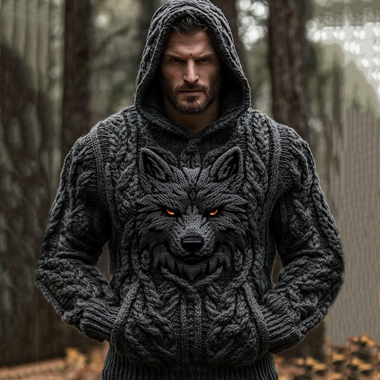 Men's Vintage Wolf Viking Celtic Chunky Cozy Hooded Sweater artswardrobe