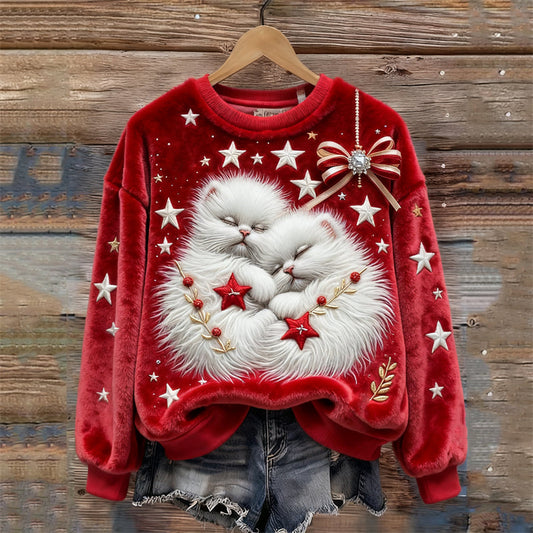 Christmas Sleeping Cats Stars Embroidered Cozy Plush Sweatshirt