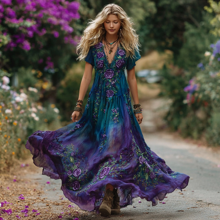 Women's Vintage Purple Roses Floral Embroidery Linen Short Sleeve Dress artswardrobe
