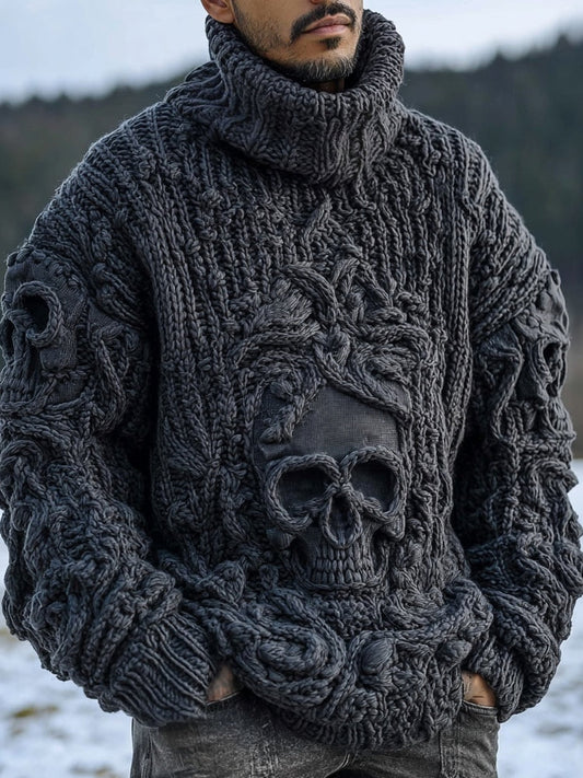 Men's Vintage Skull Jacquard Cozy Chunky Turtleneck Sweater artswardrobe