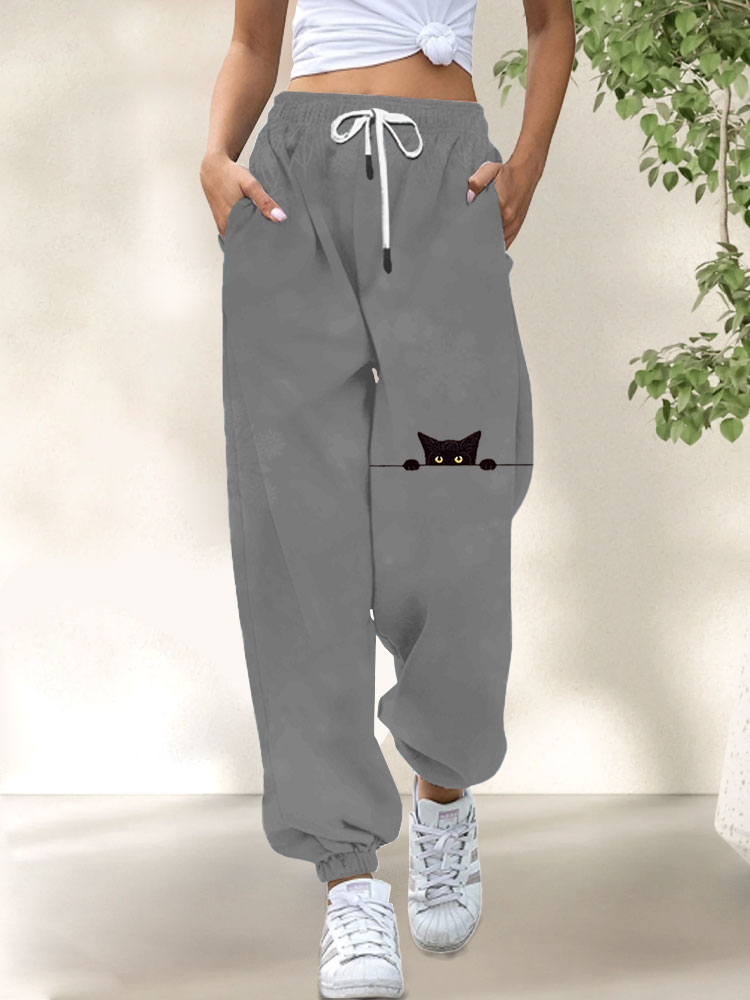 Women's Casual Funny Black Cat Print Pants elevenforest
