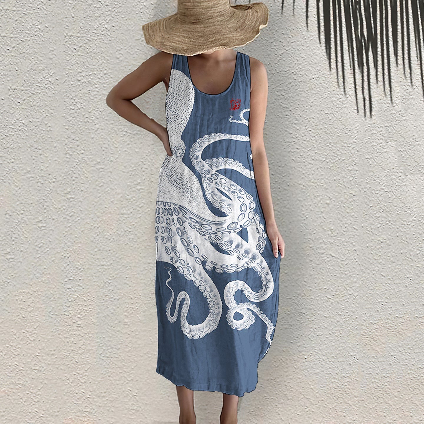 Comstylish Japanese Art Octopus Print Sleeveless Midi Dress