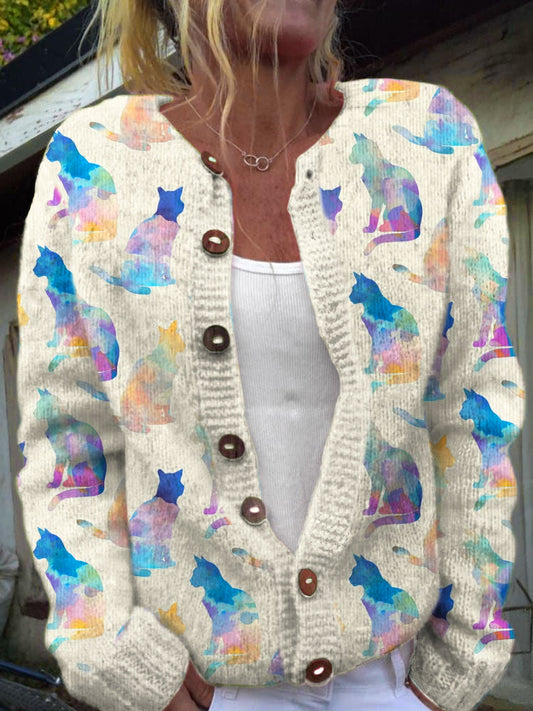 Robotic Cat Print Women's Cozy Sweater Cardigan elevenforest