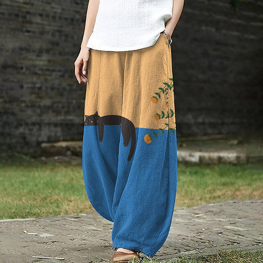 Abstract Creative Lazy Black Cat Painting Art Contrast Loose Casual Pants elevenforest