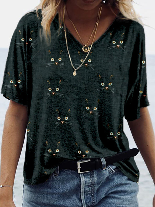 Cute Cat Face Pattern V Neck Comfy T Shirt elevenforest