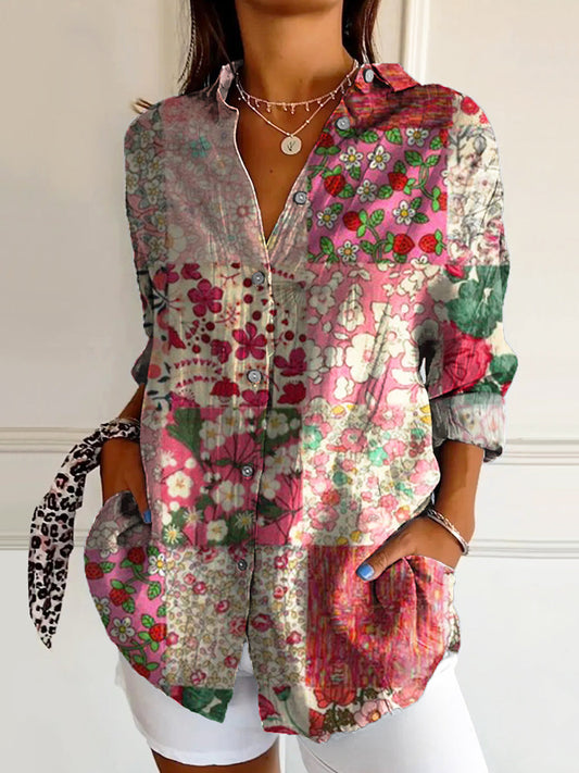 Women's Vintage Floral Patchwork Art Print Casual Cotton Shirt