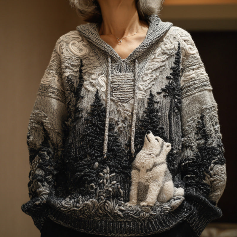 Comstylish Women's Vintage Dog Embroidered Hooded Sweater