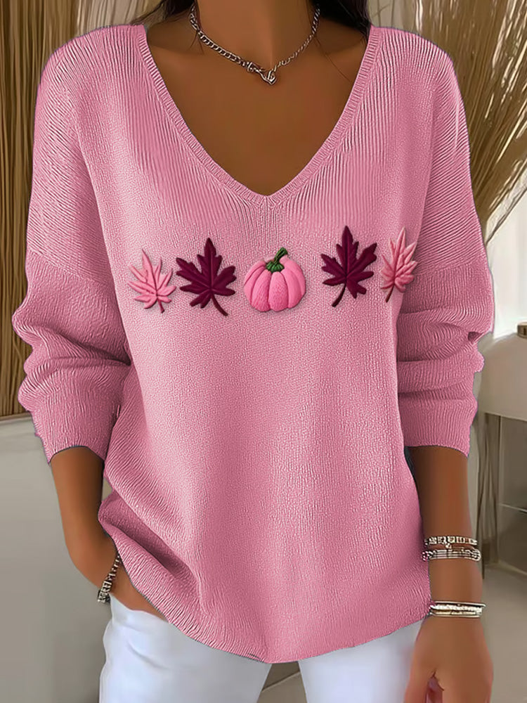 Women's Casual Pink Maple Leaf Pumpkin Striped Autumn And Winter Bottoming Shirt elevenforest