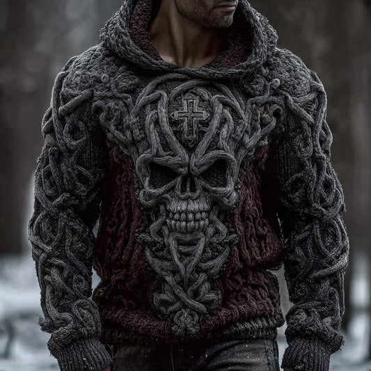 Men's Vintage Cross Skull Celtic Chunky Hooded Sweater artswardrobe