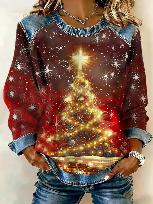 Comstylish Women's Faith Cross Christmas Tree Print Casual Sweatshirt