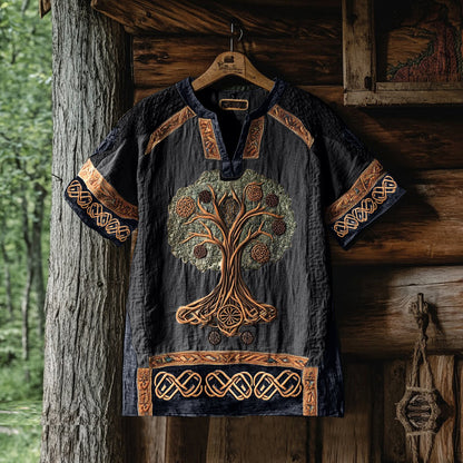 Men's Viking Tree Of Life Tribal Celtic Patchwork Art Linen Shirt artswardrobe