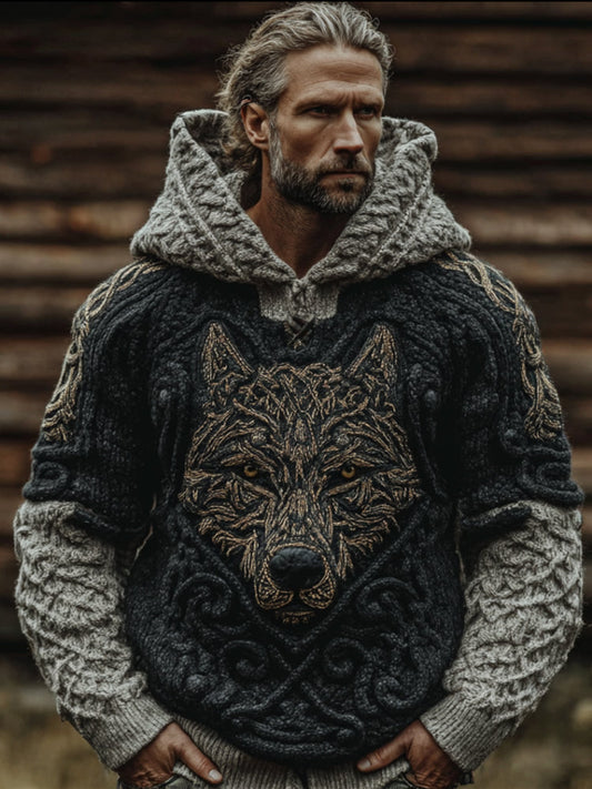 Men's Viking Style Wolf Totem Patchwork Hooded Sweater artswardrobe