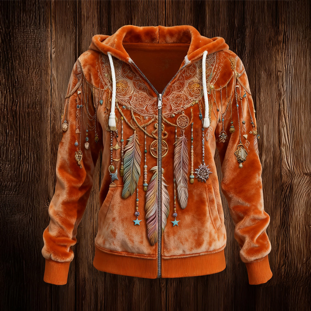 Comstylish Women's Retro Tribal Dreamcatcher Style Casual Plush Zip-up Jacket