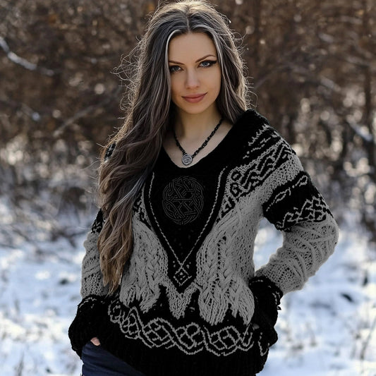 Women's Viking Rune Knit Jacquard V-neck Sweater artswardrobe