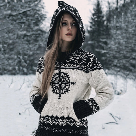 Vintage Viking Compass Celtic Cozy Chunky Hooded Cardigan artswardrobe
