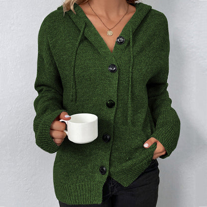 Solid Color Single Breasted Hooded Drawstring Sweater Cardigan elevenforest