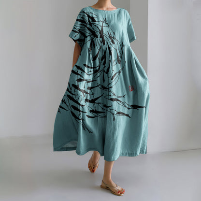 Comstylish Japanese Art Vintage Sea World Flock Of Fish Print Casual Art Linen Blend Maxi Dress