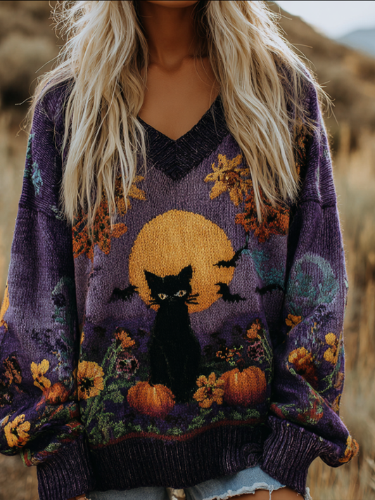 Halloween Theme Women's V-neck Knitted Sweater artswardrobe