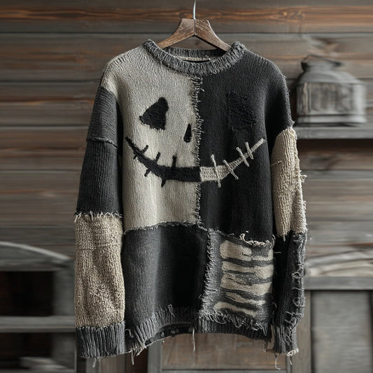 Vintage Halloween Face Contrast Stitched Knitted Crew Neck Cozy Sweater artswardrobe