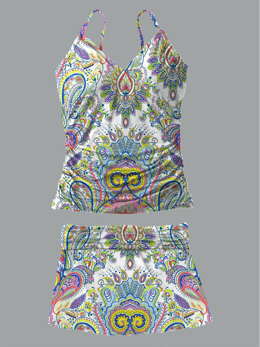 Women's Vintage Bohemian Floral Print Shirred Suspender Swimsuit Set