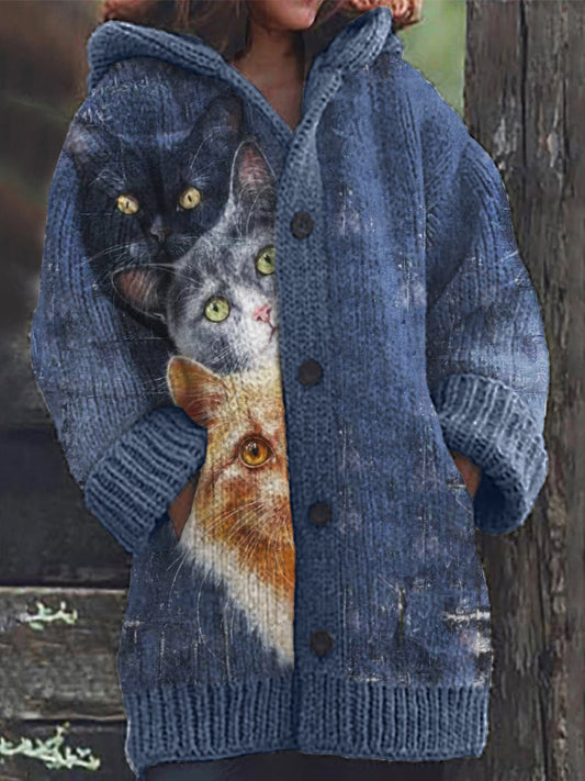 Comstylish Fuzzy Cats Peeking Art Cozy Knit Hooded Cardigan