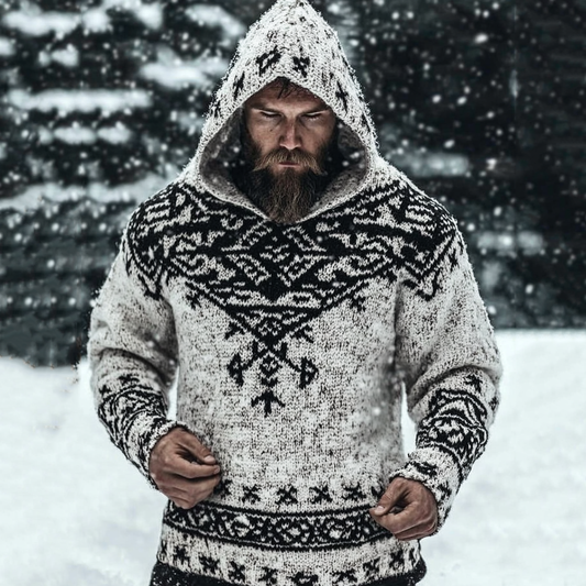 Men's Viking Tribal Jacquard Celtic Knit Hooded Sweater artswardrobe