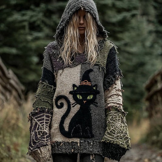 Halloween Scared Black Cat Patchwork Stitched Cozy Knit Hooded artswardrobe