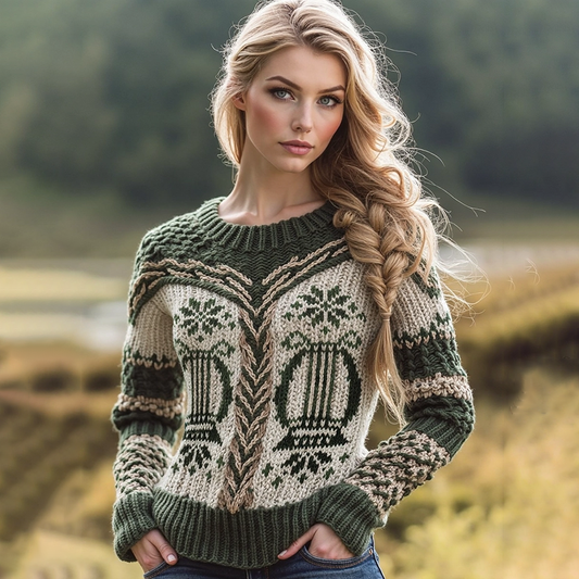 Women's Irish Harp Jacquard Crew Neck Contrast Aran Sweater artswardrobe