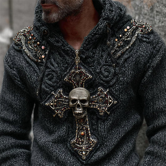 Men's Skull Cross Studded Celtic Cozy Chunky Hooded Sweater artswardrobe