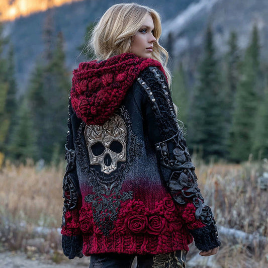 Womens Vintage Rose Skull Gradient Chunky Knit Zip-up Hooded Sweater artswardrobe