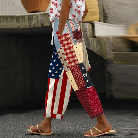 Women's Vintage Floral Independence Day Print Linen Blend Casual Pants artswardrobe